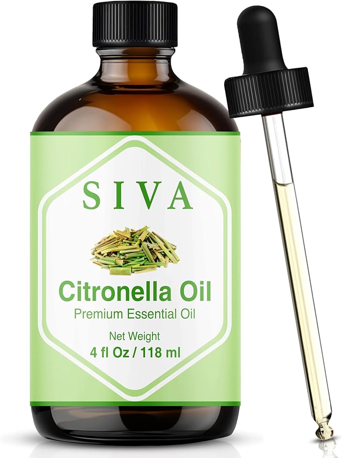 Siva Citronella Essential Oil 4 Fl Oz – for Diffuser, Skin & Hair Care – Ideal for Aromatherapy, Massage & DIY Blends- with Dropper