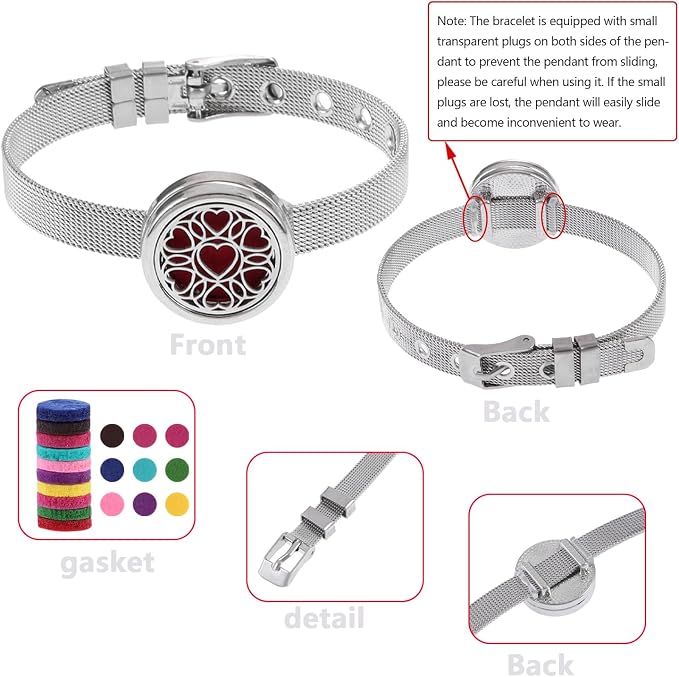 Essential Oil Diffuser Bracelet Aromatherapy Locket Adjustable Stainless Steel Heart Watch Chain Bracelet with 10 Pcs Refill Pads for Women