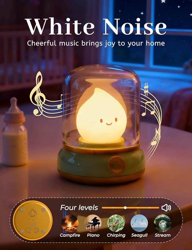 WANIDEA Chibi Flame Lamp, Sleep White Noise Machine Night Light,Waterproof Shower Lamp5 White Noise with 4 Level Volume Adjustment, Rechargeable Lamp,Decor,Gift for Girls