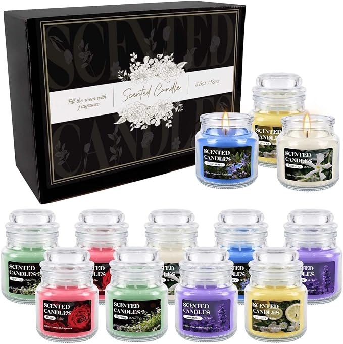 12 Pack Scented Candles Set - 3.5oz Soy Wax Aromatherapy Candles with 6 Fragrances, Long Burning Glass Jar Candles for Home Bedroom Kitchen Bathroom Dining, Gift Set for Women Men