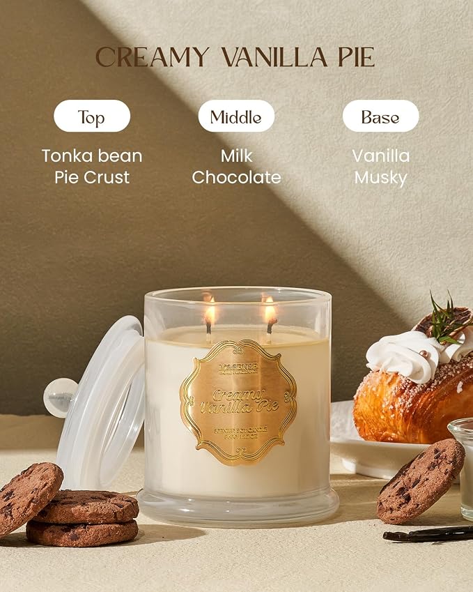 M&SENSE Creamy Vanilla Pie Scented Candle, 12.7oz Large Jar Soy Candle for Home