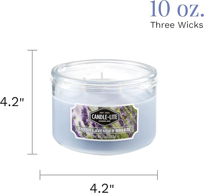 CANDLE-LITE Scented Fresh Lavender Breeze Fragrance, One 10oz. 3-Wick Aromatherapy Candle with 20-40 Hours of Burn Time, Light Purple Color, 10 oz
