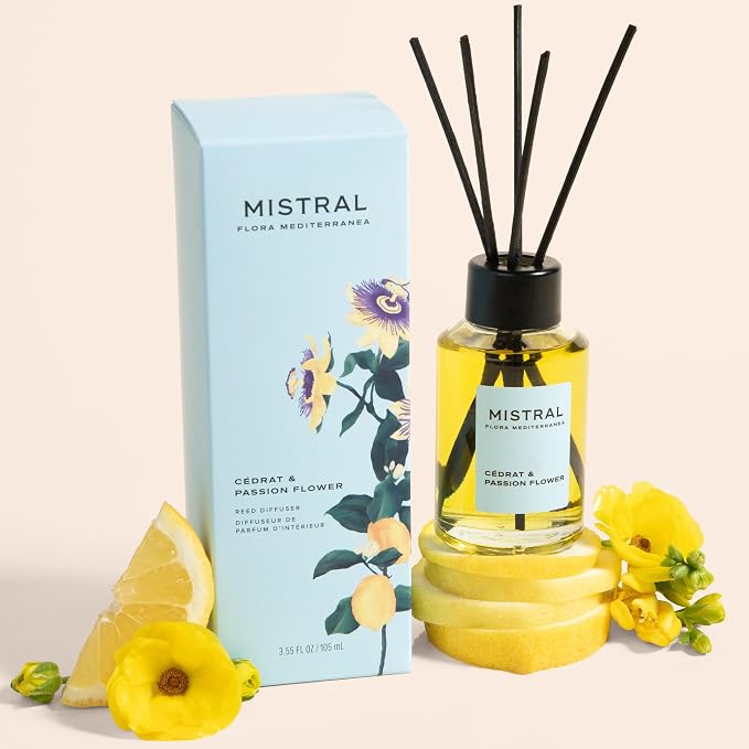 Mistral Cédrat & Passion Flower Reed Diffuser – Citrus & Passion Flower Scent Diffuser for Home, Office, Bathroom | 100% Oil-Based & Alcohol-Free, Long-Lasting, with Natural Reed Sticks (3.5 fl oz)
