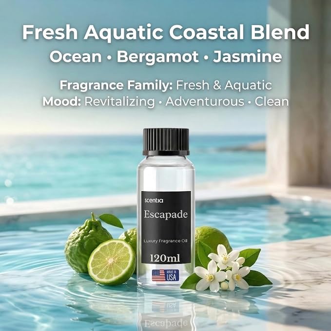 Scentia Escapade Diffuser Oil Refill – Hotel Fragrance Oil Inspired by Ri.tz Carlton – 120 mL – Jasmine, Bergamot & Marine Long-Lasting Scent for Ultrasonic & Waterless Diffusers, Made in USA