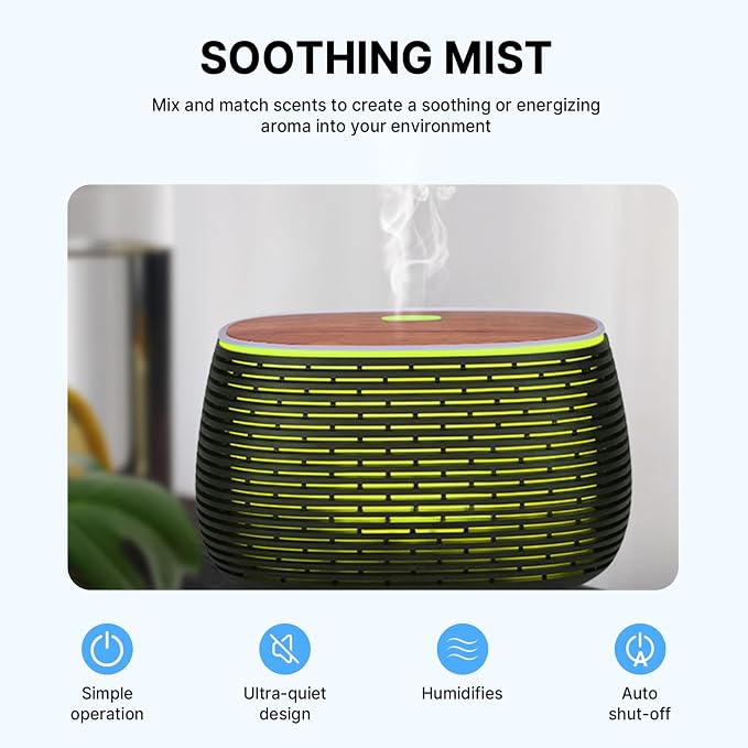 Essential Oil Diffuser, 400ml Aromatherapy Diffuser for Essential Oils, Ultrasonic Diffuser with 2 Mist Modes, Cool Mist Humidifier with 7 LED Color Lights and Auto-Off Safety, for Large Room Office