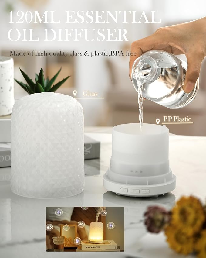Essential Oil Diffuser - 2.4MHz Ultrasonic Glass Diffuser with Pulse/Continuous Mist & Night Light, Waterless Auto-Off, Silent Aromatherapy Diffuser for Home, Office, Yoga, Spa, Gifts & Home Decor.