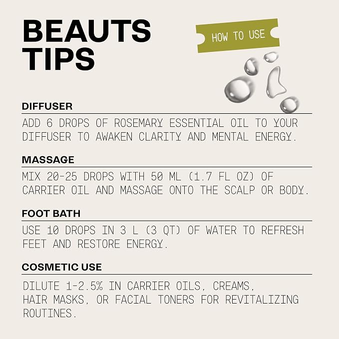 Beauts Premium Rosemary Essential Oil – 100% Pure & Natural - Hair Growth, Scalp, Memory & Focus – Rosemary Oil for Aromatherapy, Diffuser, Massage & Skin – Vegan & Cruelty-Free 10 mL (.33 fl oz)