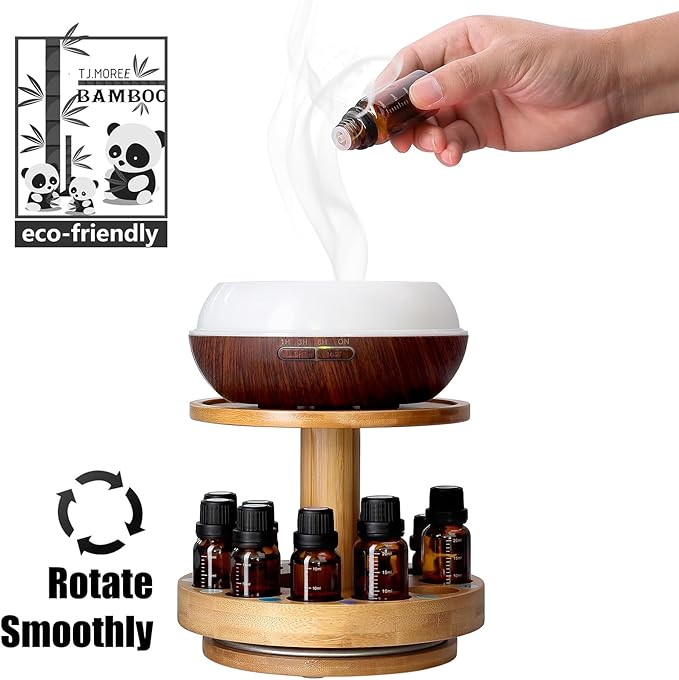 TJ.MOREE Bamboo Essential Oil Organizer 2-Tier Carousel Holder | Bamboo Material, Fits 5 ml to 30 ml Essential Oil Bottles, Suitable for Home and Office Spaces