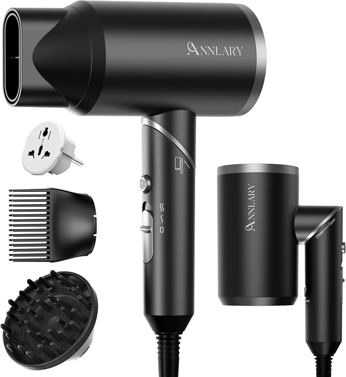 ANNLARY Dual Voltage Travel Hair Dryer with Diffuser & Comb, 1800W Portable Foldable Blow Dryer, Plasma Ionic Hairdryer for Frizz Control & Shine, Low Noise, 110V-120V/220V-240V European Use