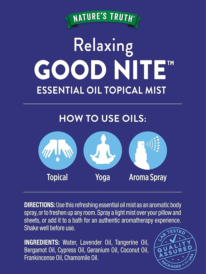 Nature's Truth Good Nite Essential Oil Mist | 2.4 fl oz | Calming Blend | for Topical Use, Yoga, & Aroma Spray