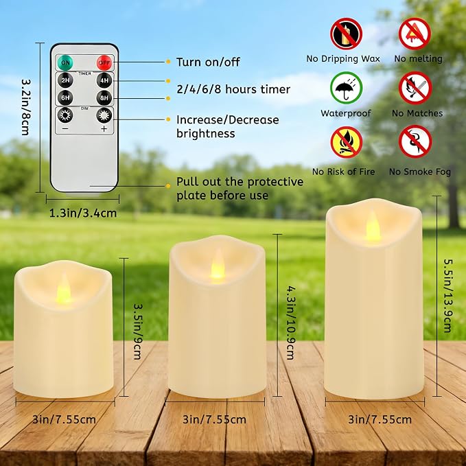 Outdoor Indoor Flameless Candles, Patented 3D Dual-LED, Set of 6 Slanted Top Durable Plastic Pillars with 2 Remotes & Timer, Non-Melting Waterproof Battery Candles for Patio Garden (Ivory)