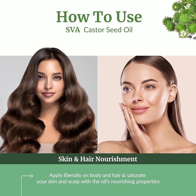 SVA Castor Seed Oil Organic - 32 Fl Oz – 100% Natural Cold Pressed Organic Castor Oil - for Face, Skin Care, Hair Care, Scalp Massage & Body Massage