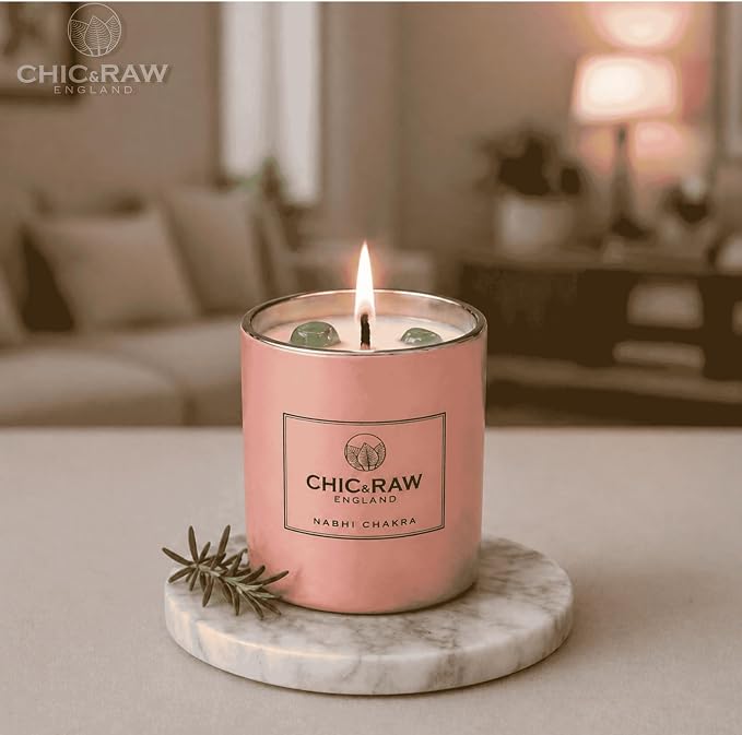 Aromatherapy Candle with Crystal Green Aventurine Nabhi, Patchouli & Bergamot - Luxury Long-Lasting Burn Soy Candle for Home Scented - Unique Healing, Meditation& Relief Gift for Women, 7.05oz