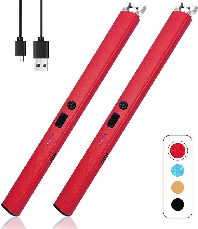 2 PCS Candle Lighter,Windproof Flameless Electric Lighter with LED Power Display ＆ Safety Switch, Upgraded Plasma USB Rechargeable Lighters for Birthday Camping BBQ （Red）