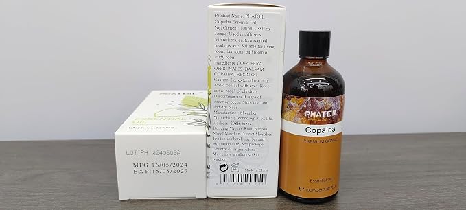 Copaiba 3.38fl.oz Essential Oil, PHATOIL Pure Aromatherapy Oils for Diffuser, Humidifier, Perfect for DIY Soap, Candle, Bath Bombs Making(100ml)