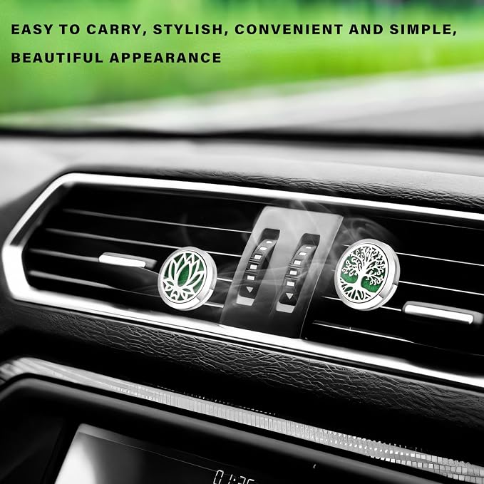 2 PCS 30mm Car Diffuser Vent Clips, Tree of Life Aromatherapy Essential Oil Diffuser Car Clip with 12 Felt Pads, Removable Stainless Steel Air Freshener Lockets for Women Men (Silver)