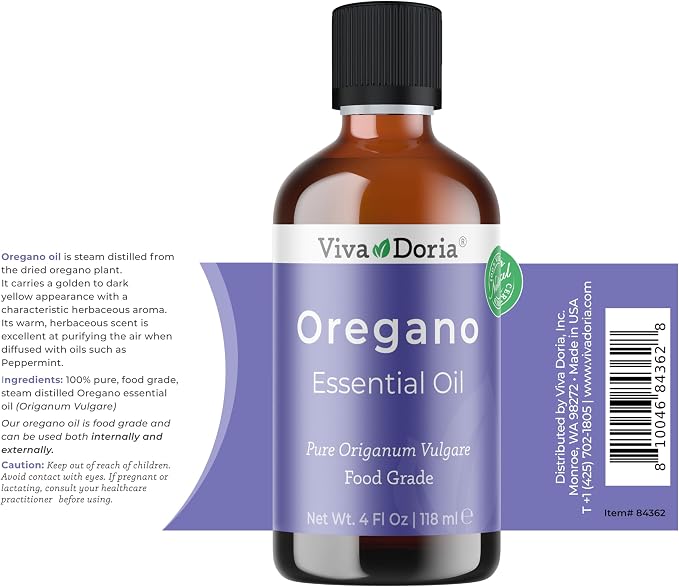 Viva Doria Oregano Essential Oil, 100% Pure, Natural Oregano Essential Oil, Undiluted, for Aromatherapy | Food Grade, 118 mL (4 Fluid Ounce)