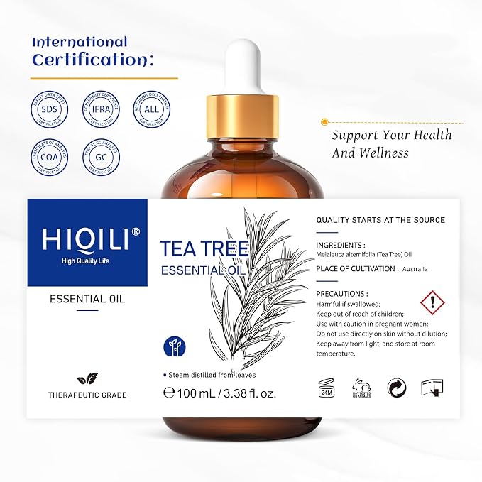 HIQILI Tea Tree Oil for Skin, Hair, Toenail, Add to Shampoo, Body Wash, Foot Soak - 3.38 Fl Oz