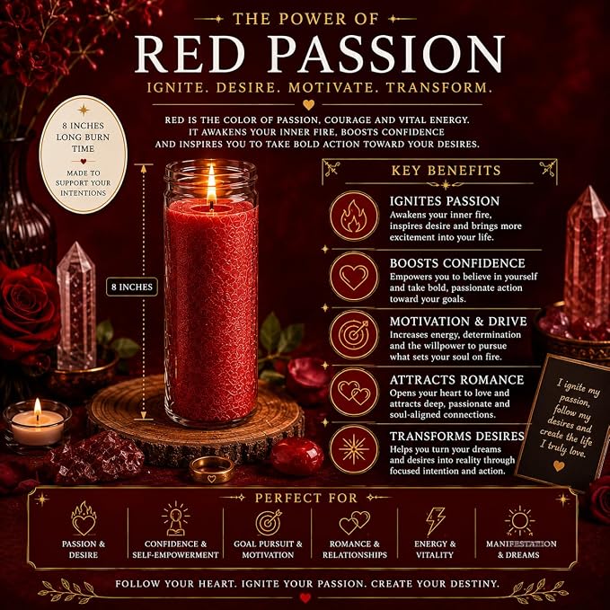 Red Passion Manifestation Candle Kit – 8" Ritual Prayer Candle with Intention Scrolls, Pencil & QR Guide for Passion, Confidence, Motivation & Strength