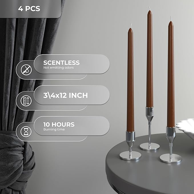 CANDWAX 12 inch Taper Candles Set of 4 - Dripless and Smokeless Unscented - Slow Burning Candle Sticks - Brown Candles