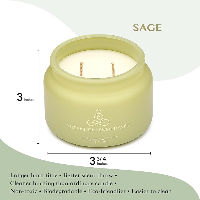 White Sage Meditation and Yoga Candle for Energy Clearing and Protection - 50 Hour Clean Burning Soy Wax - 2-Wick Spiritual Aromatherapy Smudge Candle with Guided Materials -9.5oz
