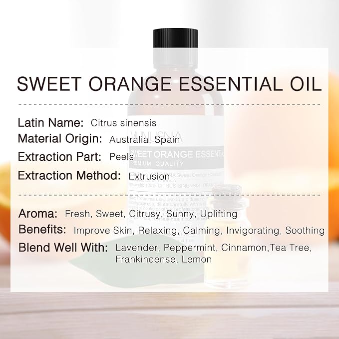 Sweet Orange Essential Oil 100ML, 100% Pure Natural Sweet Oranges Oil Premium Grade Orange Aromatherapy Oils for Diffuser, Skin, Massage, Candle and Soap Making