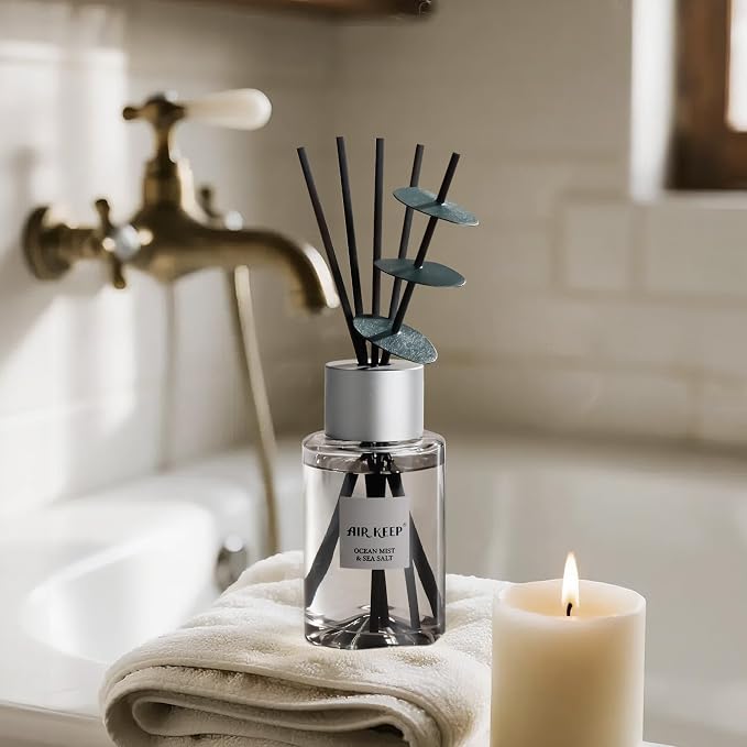Airkeep Reed Diffuser/Grey Reed Diffuser Set/6.7 oz(200ml)/Ocean Mist&Sea Salt Oil Diffuser & Reed Diffuser Sticks/Home Decor & Office Decor, Fragrance and Gifts