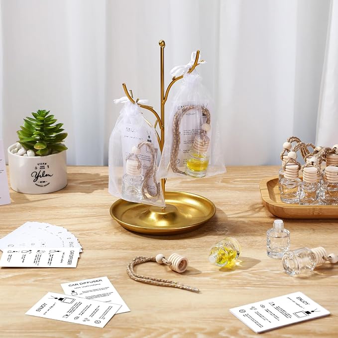 Boao 15 Sets Hanging Car Air Freshener Diffuser Bottles Empty Bulk with Car Diffuser Instruction Cards Organza Bags Glass Refillable Essential Oil Fragrance Aromatherapy Pendant (Cylindrical)