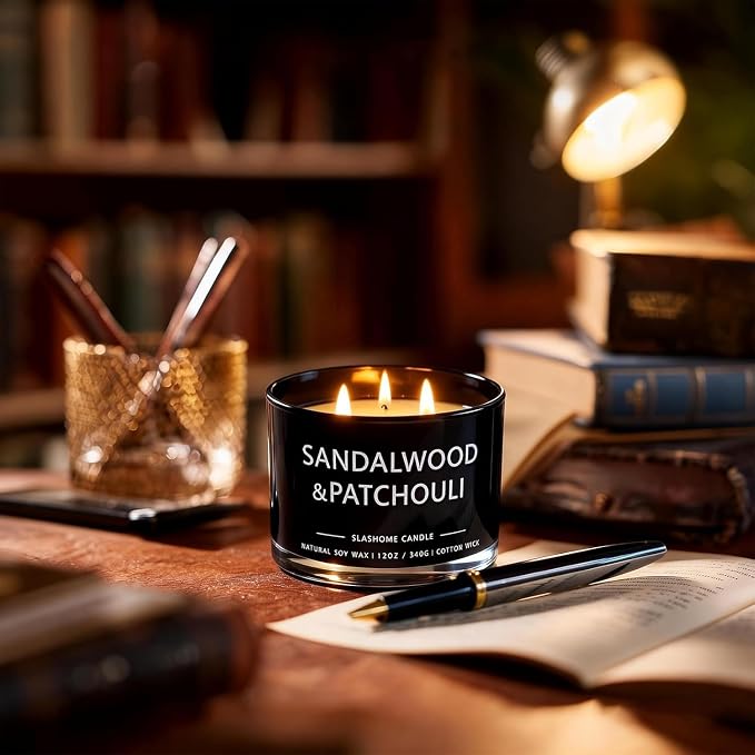 Sandalwood & Patchouli Scented Candle, Luxury Large 3 Wick Soy Candle 12 Oz, 60+ Hour Long Lasting Clean Burn, Elegant Aromatherapy Home Decor, Housewarming & Birthday Gift for Men & Women