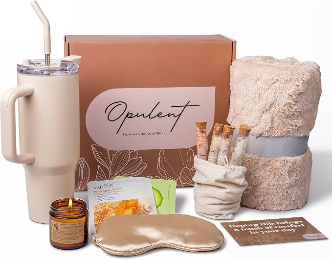Opulent Luxury Self Care Gift Package for Women, 40oz Tumbler, Cozy Blanket | Gift-Ready Spa Set for Get Well, Thinking of You & Corporate Gifts for Employees & Clients - Candle, Bath Salts & Sleep Mask