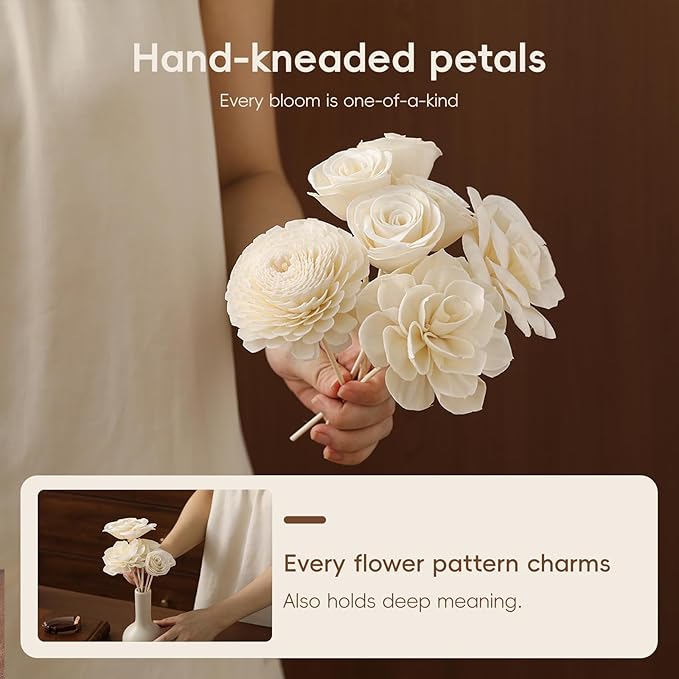 Flower Reed Diffuser Sola Wood Flowers Natural Material Aromatherapy Reed Decorative Aromatherapy Flower Refill Diffuser Reeds, 7Pcs Flower, 7Pcs Rope, 8 Pcs Diffuser Rattan (2-3.5 Inches, White)