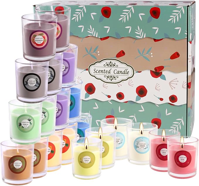 Scented Candles with 10 Fragrances Gift Set for Home and Women，2.2oz Aromatherapy Soy Wax Glass Jar Candle，20 Pack