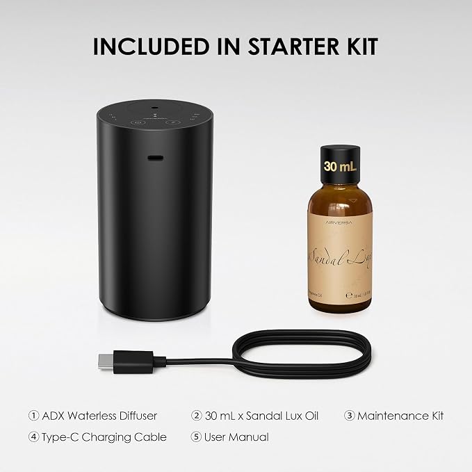 Airversa Waterless Essential Oil Diffuser Starter Kit with 30mL Santal Lux Fragrance Oil Inspired by Luxury Hotel Scent for Home Car Office, Aroma Air Diffuser, Baterry Operated, ADX-Kit Metal Black