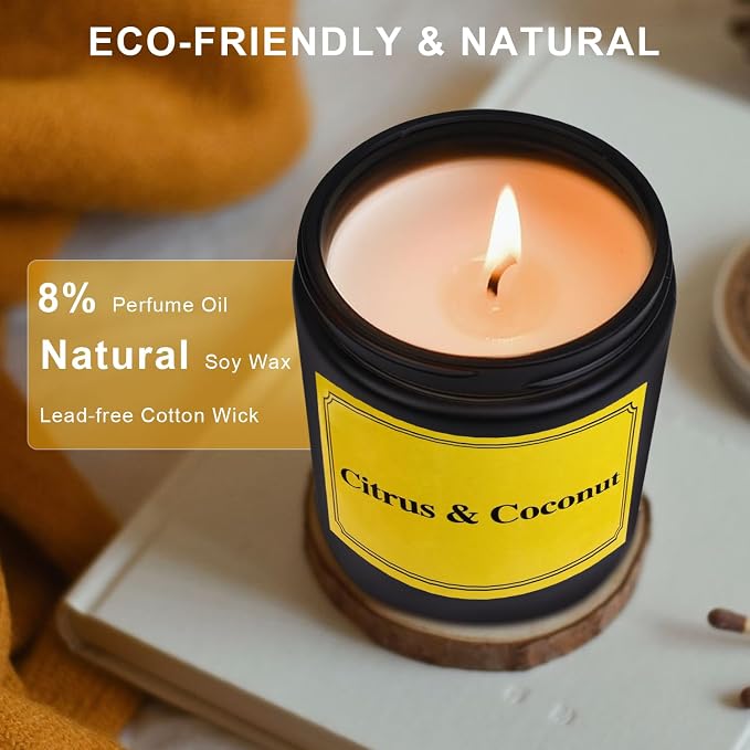 Citrus Coconut Scented Candle, Candles for Home Scented, Natural Soy Wax Candles, 7 oz Jar Candle, 40 Hours