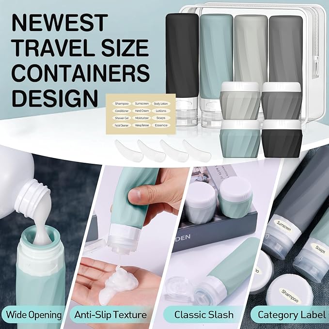 Silevoler 14pack Travel Bottles for Toiletries, TSA Approved Travel Size Toiletries Containers Set, Premium Silicone Leak Proof Refillable Squeezable & Creams jars Accessories Kit W/Clear Bag (Gray)