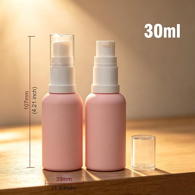 6 Pack Empty Travel Refillable Glass Pump Bottles Dispener 30ml/1oz, Pink Small Cosmetic Containers for Lotion,Cream,Essential Oil,Shampoo,Sercums (30ml Pink 6pcs)