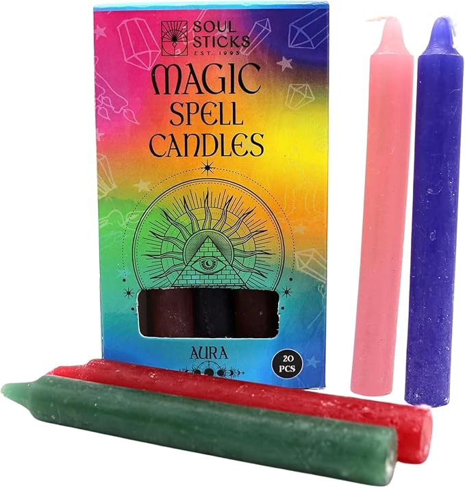 SOUL STICKS Aura Magic Spell Chime Taper Candles 20 Pack - Ideal for Altar, Rituals, Ceremonies, Meditation Colored Chime Candle for Witchcraft Supplies, Wiccan Supplies, Candles Clearance
