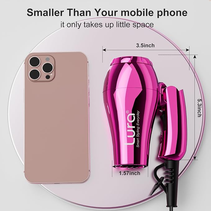 LURA Mini Portable Travel Hair Dryer:Dual Voltage Small Lightweight Blow Dryer with EU Plug,1200W Compact Hairdryer with Folding Handle,with Concentrator&Diffuser Attachment,for Women and Men(Purple)