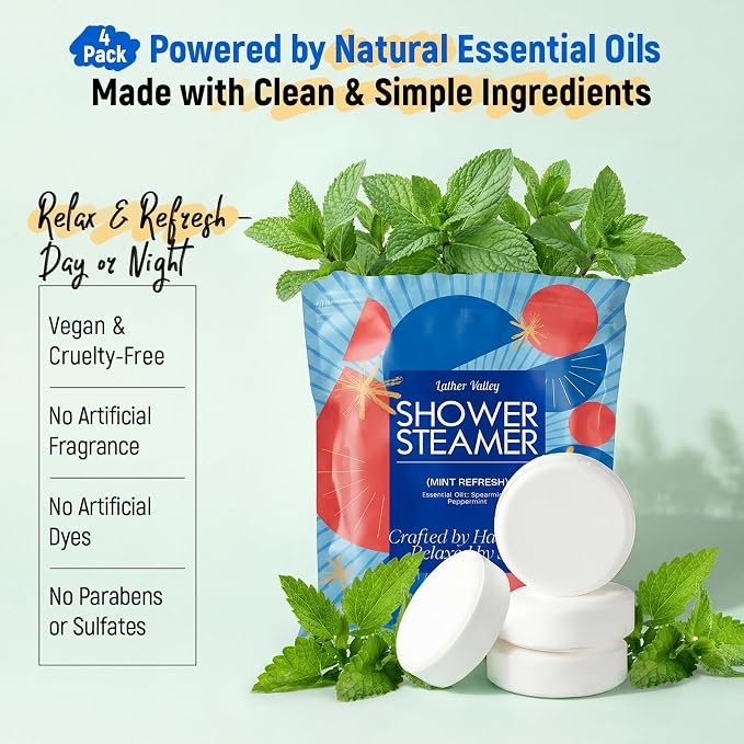Shower Steamers Aromatherapy & Sport, 100% Pure Natural Essential Oils, Energy Refresh & Invigorating, Relaxing, Spa & Birthday Gifts for Women & Men, Self Care – Spearmint & Peppermint, 4 Pack