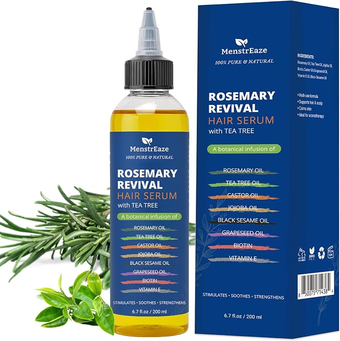 Rosemary, Tea Tree, & Castor Oil for Hair Growth & Dandruff Relief (6.7 fl oz), Infused with Biotin, Black Sesame, Grapeseed, Jojoba, & Vitamin E Oils for Dry, Itchy Scalp, Thickening & Hydration
