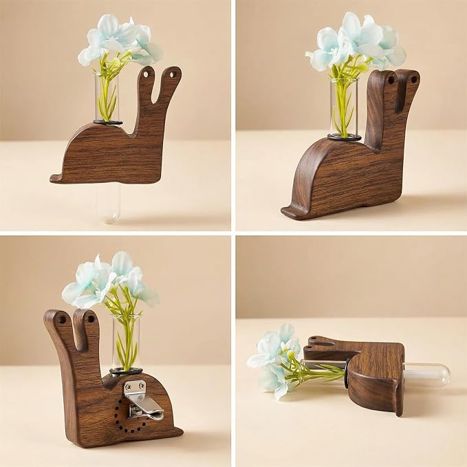 Little Glass Flower Vase Air Vent Clip, Wooden Stand Car Aroma Diffuser, Car Air Vent Decor Plant Holder, Auto Interior Decorations (Black Walnut Snail)