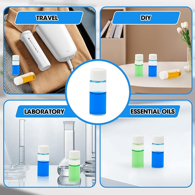 4ml Clear Glass Vials with Screw Caps and Plastic Stoppers, 1 Dram Small Liquid Sample Vial, Leak-Proof Vial, 50PCS(White Cap)