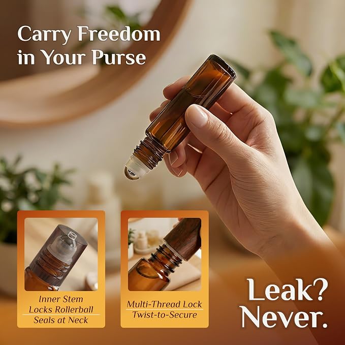 PrettyCare 12 Pack, 10 ml Essential Oil Roller Bottles with Stainless Steel Roller Ball - Refillable Leak-proof Empty Thick Amber Glass Roll on Bottles with Wooden Caps for Travel, Perfume