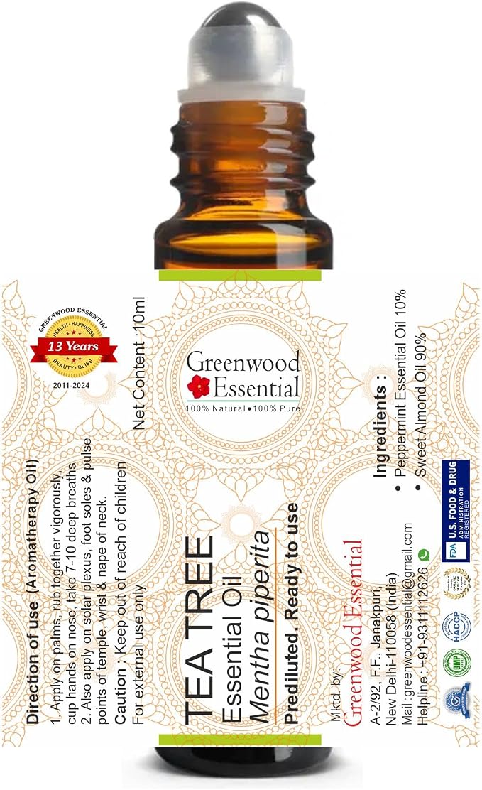 Greenwood Essential Tea Tree Essential Oil (Melaleuca alternifolia) Pre Diluted Ready to Use Roll-on Blend for Aromatherapy and Topical Skin Application for Kids and Adults 10ml (0.33 oz)