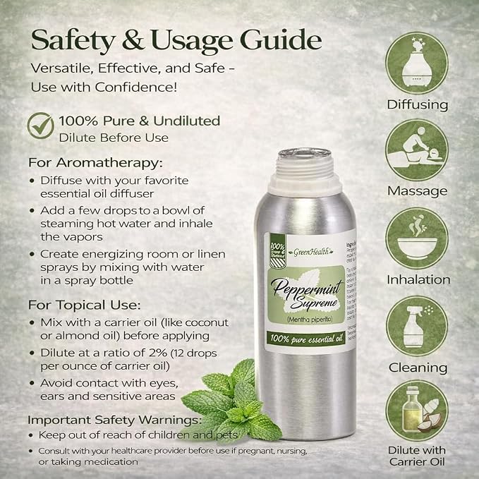 Peppermint Essential Oil – 100% Pure Mentha Piperita – GreenHealth – 8 fl oz (237 ml) Aluminum Bottle with Plug Cap – Aromatherapy, Diffusers, DIY, Candles, Fresh Home Scent