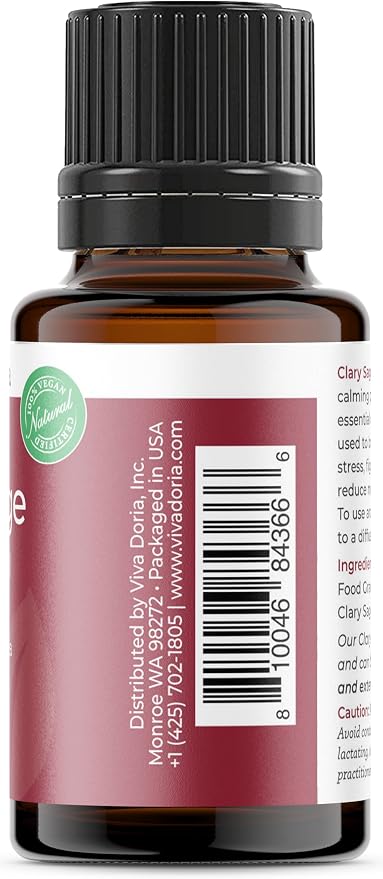 Viva Doria Clary Sage Essential Oil, 100% Pure, Natural Clary Sage Essential Oil, Undiluted, for Aromatherapy | Food Grade, 15 mL (0.5 Fluid Ounce)