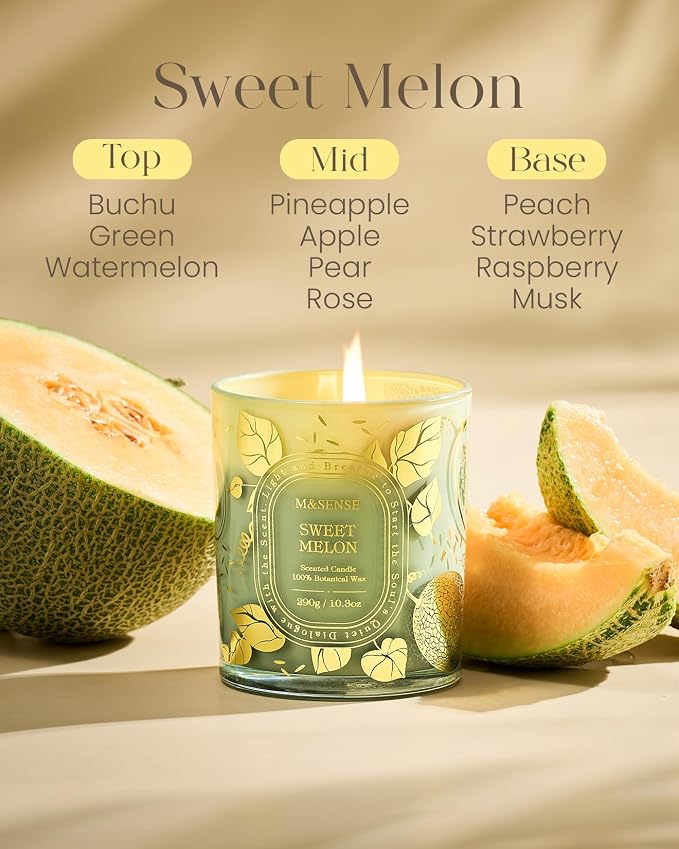 M&SENSE Fresh Melon Soy Candle, Summer Relaxation 55H Gift | Clean Soy Wax Cotton Wick, Long Lasting Slow Burn, Non-Toxic Pet Safe Formula, Reusable Matte Jar Decor