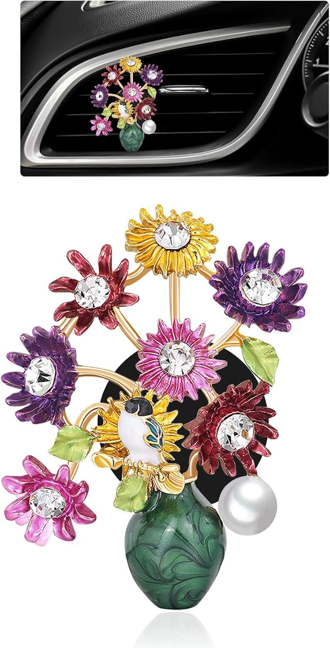 ORIESSE Flower Car Decor,Cute Dasiy Bird Vase Car Air Freshener Vent Clip,Bling Alloy Colorful DashBoard Vent Decorations Aesthetics for Women,Refillable Aroma Diffuser