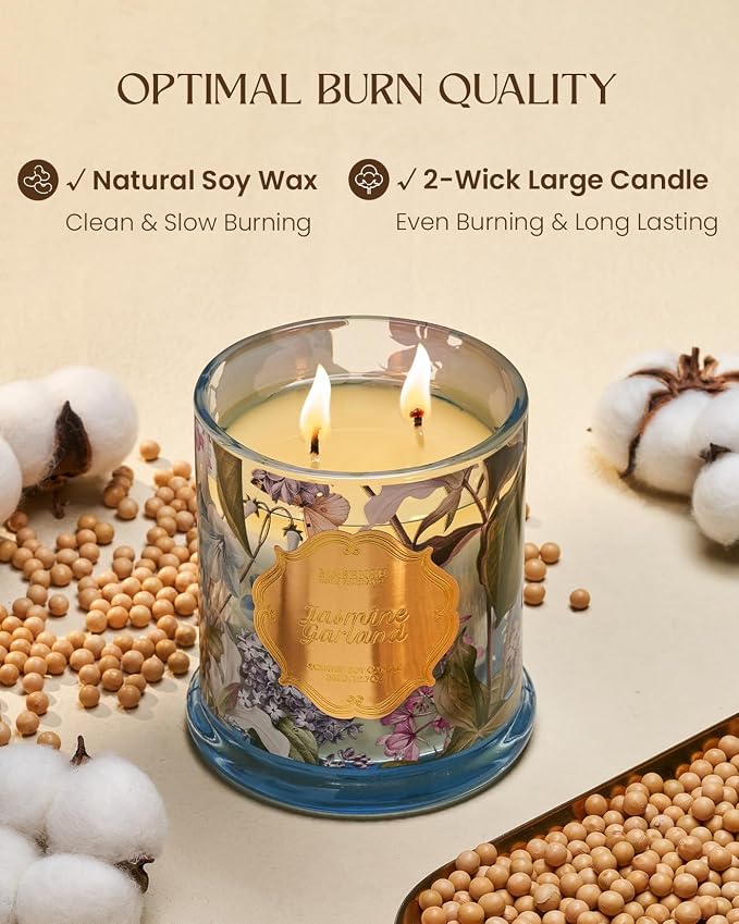 M&SENSE Jasmine Garland Scented Candle 12.7oz Slow Burning 2 Wick | Natural Soy, Non-Toxic, Gentle Floral Scent, Gift for Women, 75 Hour Home Fragrance