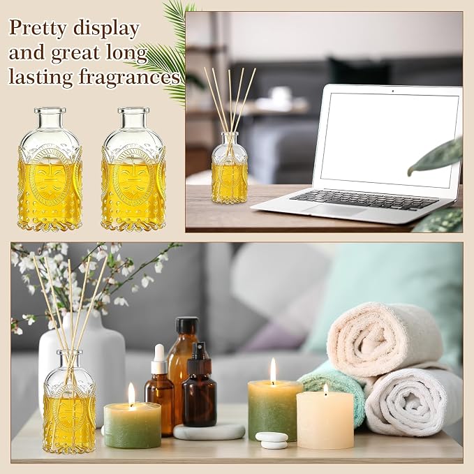 LemonRoad 2 Set Glass Reed Diffusers Bottles, Vintage Design Embossed Fleur Clear Diffuser Bottles with 50 Reeds Sticks, Cork Lids, Funnel, 200 ml 6.7 oz Empty Flower Bud Vases for DIY Fragrance